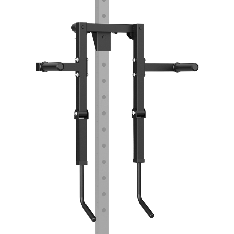 Black lateral raise attachment on a gray metal rack against a white background