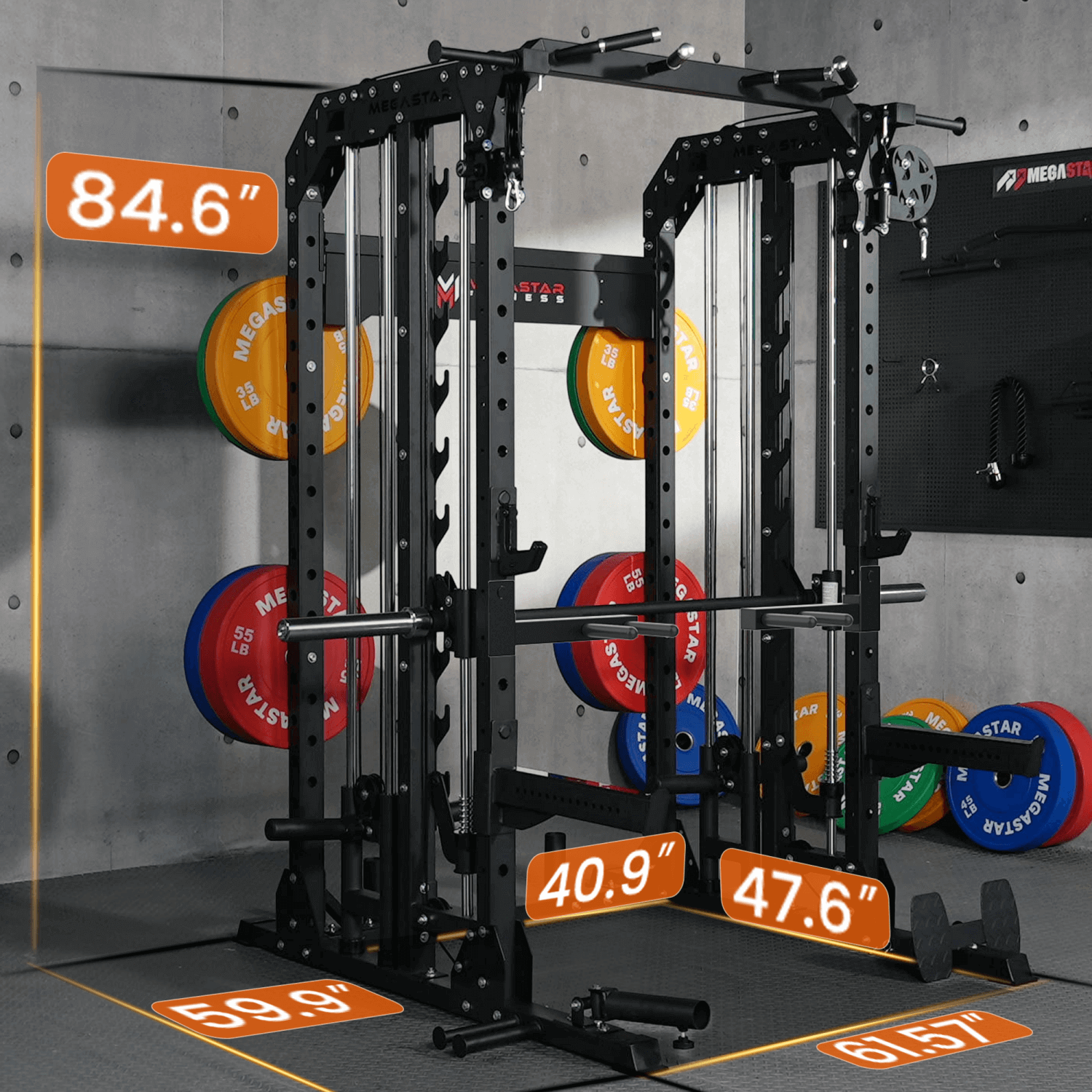 MEGASTAR P107 All-In-One Smith Machine Package showing size specs—84.6" height, 61.57" width, 59.9" depth, with 40.9" and 47.6" rack clearances in a gym.