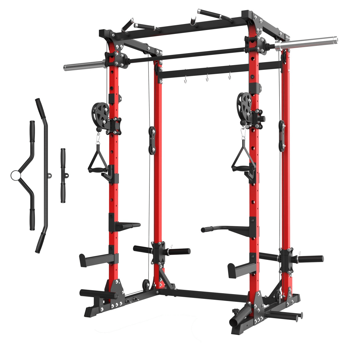 Product shot of the Megastar T35 All-in- one Home Gym Smith Machine with Cable Crossover System for Strength Training, featuring red uprights, dual pulleys, pull-up bar, J-hooks, and attachments.