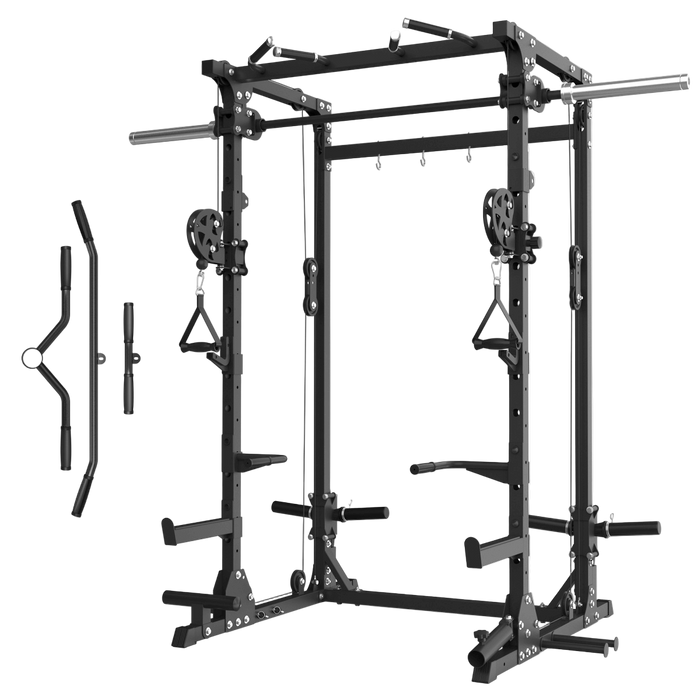 Megastar T35 all-in-one home gym Smith machine with cable crossover system for strength training, featuring power rack frame, dual pulleys, pull-up bar, and plate storage.