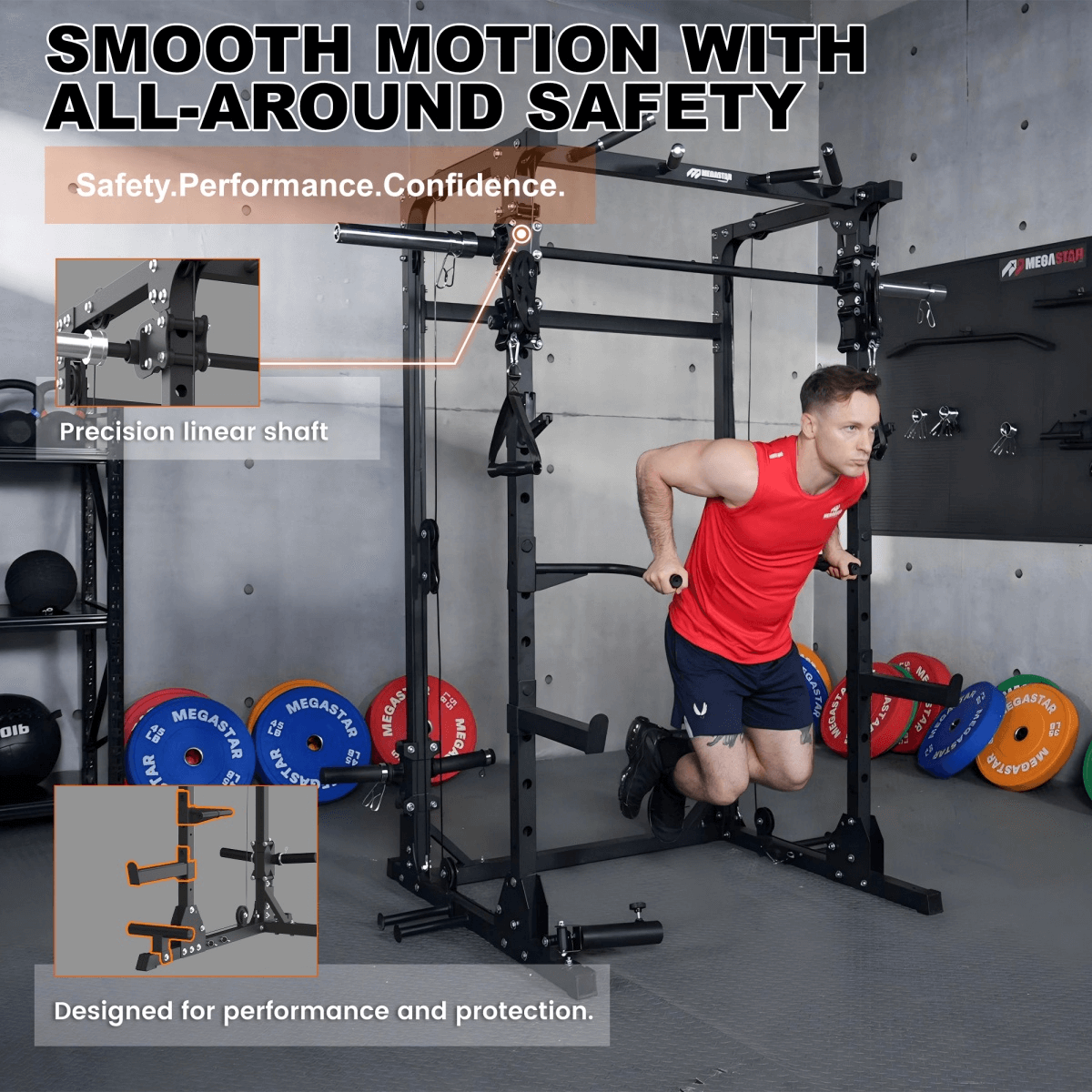 Athlete performing body-weight dips on the Megastar T35 All-in- one Home Gym Smith Machine with Cable Crossover System for Strength Training, highlighting safety stops and precision linear shaft.