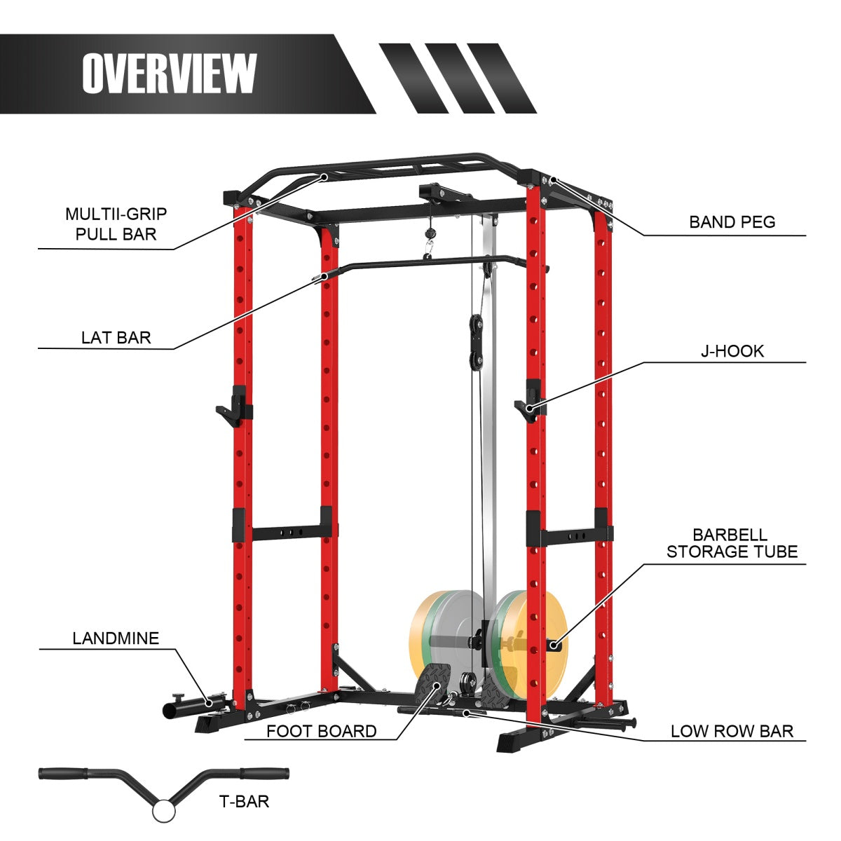 MegastarP30 power cage, home gym—overview diagram showing multi-grip pull bar, lat bar, J-hooks, band pegs, landmine, foot board, low row bar, barbell storage tube, and T-bar.
