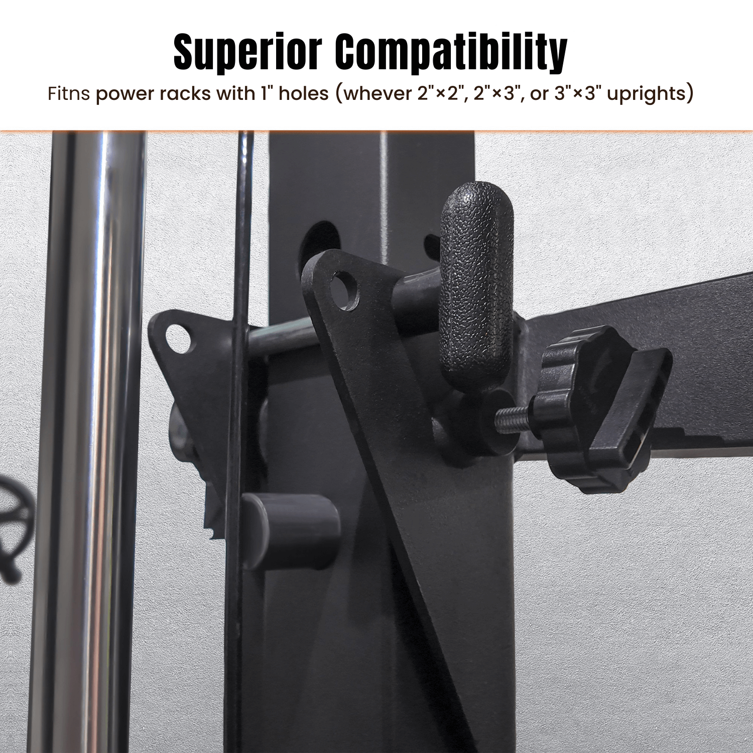 Close-up of a fitness equipment component with text about compatibility with power racks.