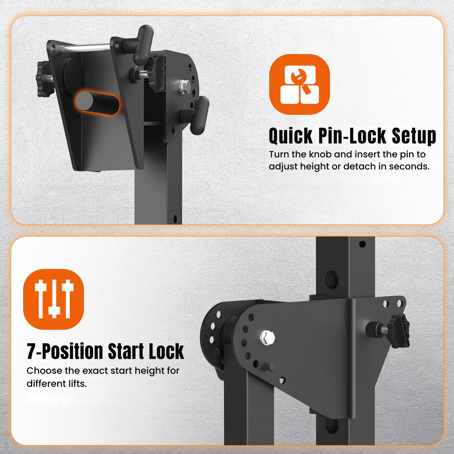 Mechanical lifting device with quick pin-lock setup and 7-position start lock on a gray background.