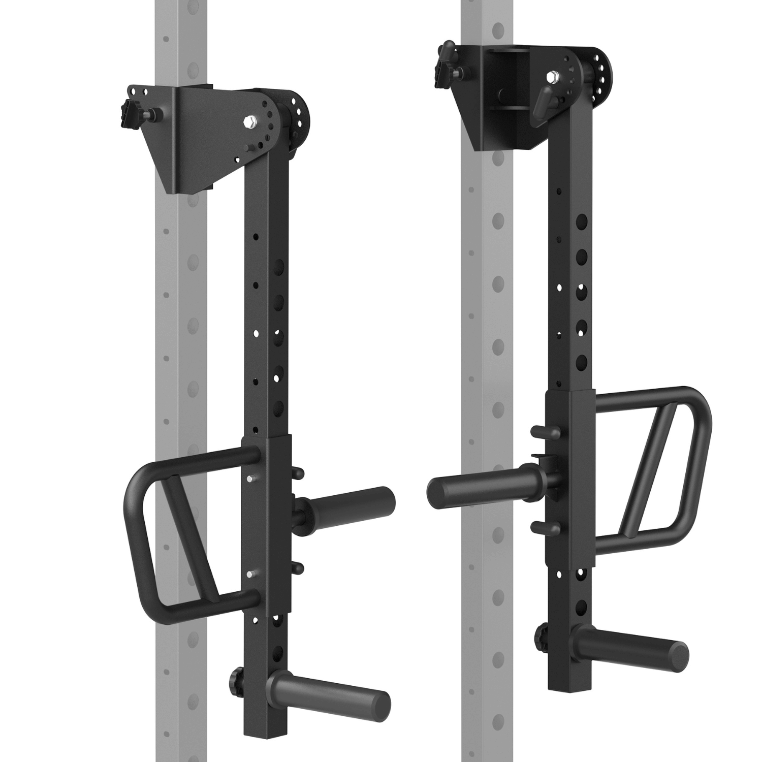 Black metal lever arms attached to a gray power rack on a white background