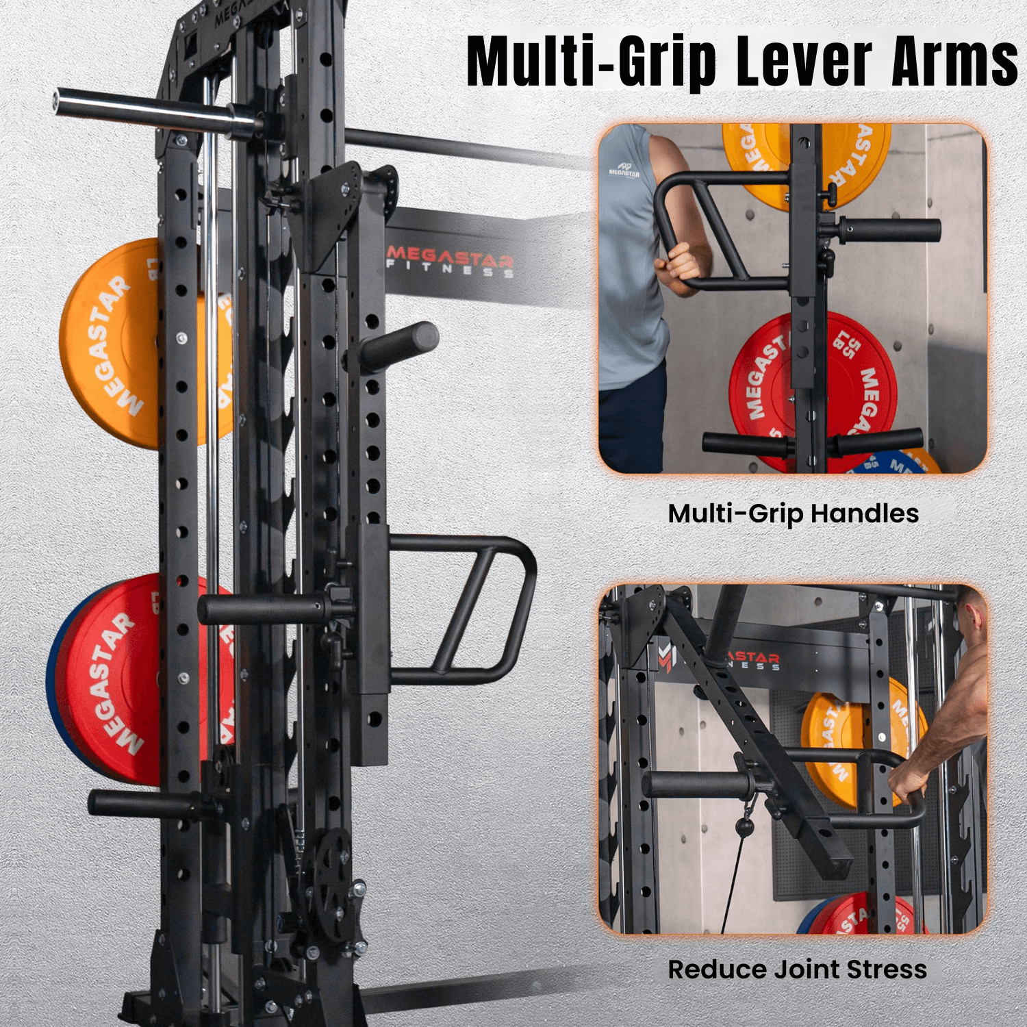 Gym equipment with multi-grip lever arms and handles, featuring MegaStar Fitness branding.
