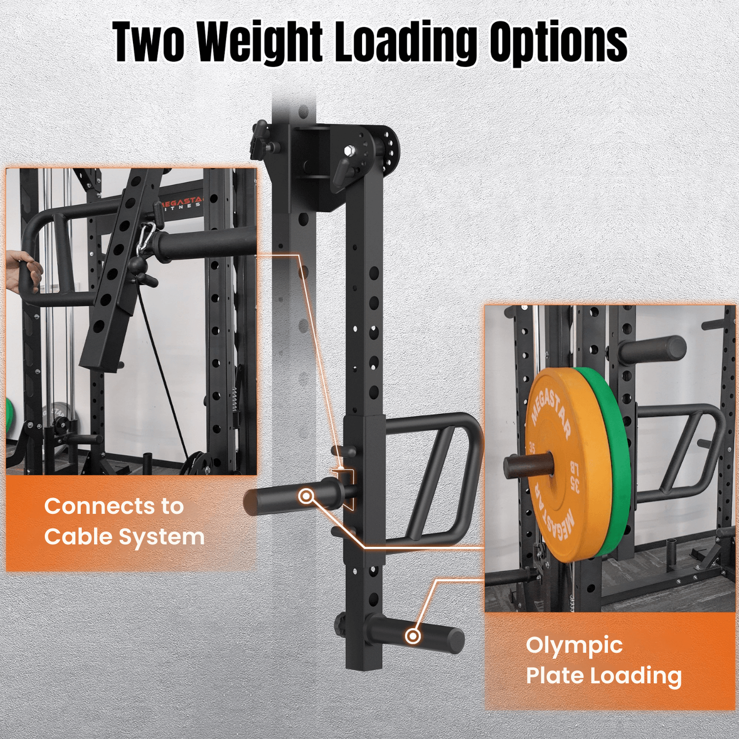Gym equipment with weight loading options on a gray background