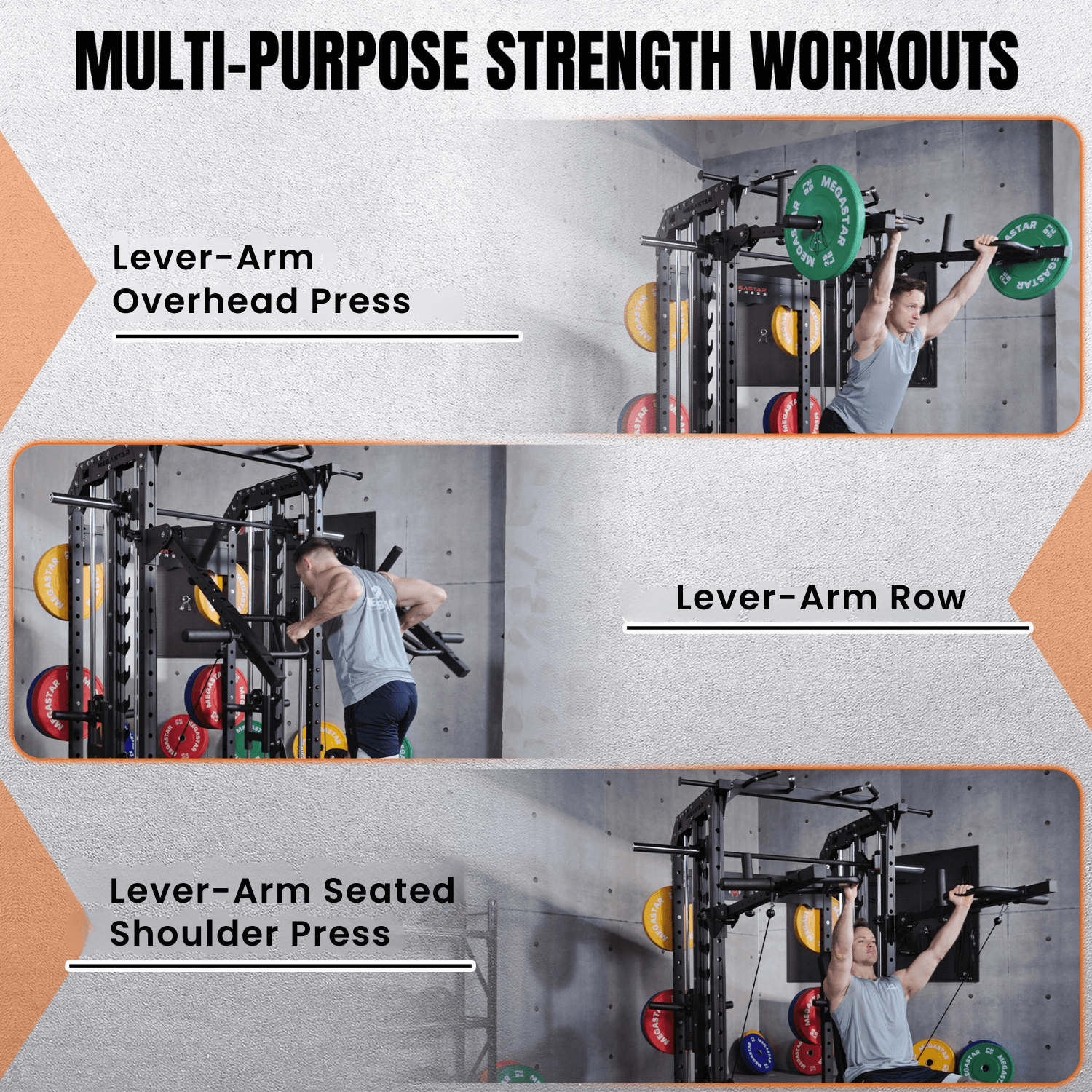 Gym equipment with exercises labeled 'Lever-Arm Overhead Press', 'Lever-Arm Row', and 'Lever-Arm Seated Shoulder Press'.